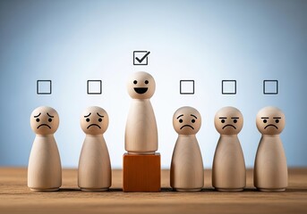 A happy wooden figurine stands out among sad ones, symbolizing positive feedback in a group setting.