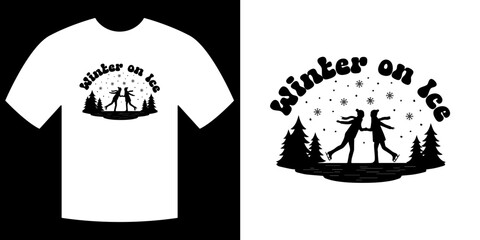 Winter on Ice T-Shirt Design: A graphic design featuring a pair of figures skating on ice surrounded by winter elements, perfect for apparel and merchandise. 
