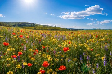 Obraz premium Sun shining over a vast field of flowers under a clear blue sky