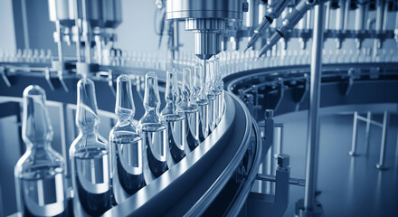 Obraz premium Industrial robotic system filling medicine vials on modern production conveyor, pharmaceutical factory technology, biotech automation, drug manufacturing process