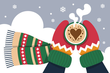 Hands in mittens holding cup of coffee with scarf isolated on background