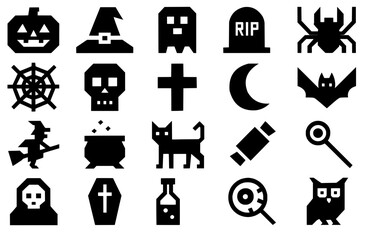 Icon pack, Icon sheet, Halloween theme, silhouette version with straight line style