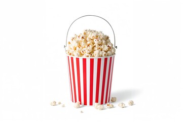 A bucket filled with popcorn, set against a white background