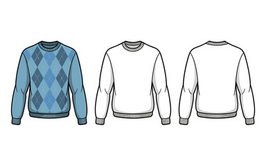 Argyle sweater fashion technical drawing isolated on white background