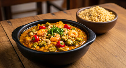 Delicious Brazilian Moqueca: A vibrant close-up captures a traditional Brazilian moqueca dish with fresh shrimp, okra, and cashew nuts, alongside a bowl of flavorful farofa.