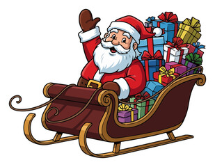 Cartoon Santa Claus Waving in a Sleigh Full of Gifts