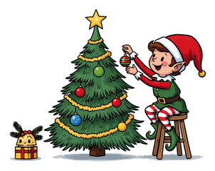 Cute Cartoon Elf Decorating a Christmas Tree