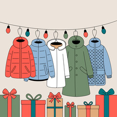 Winter coats and gifts hanging on a string with presents underneath them