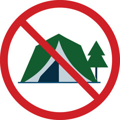 No Camping Sign Vector Icon for Tent Prohibition and Restricted Outdoor Area Rules, Isolated on White Background

