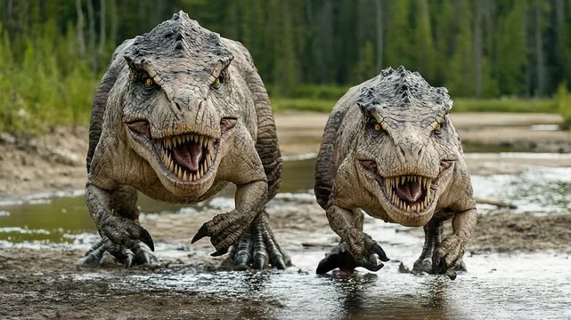 Two prehistoric dinosaurs stand together in shallow water, an ancient scene preserved
