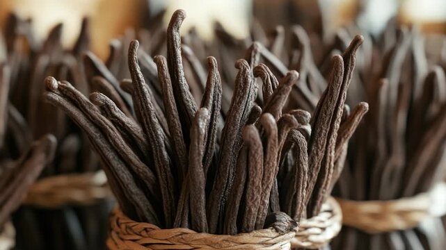 Close-up shot of a bundle of vanilla sticks, ideal for food or decoration use