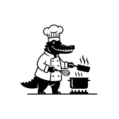 Whimsical alligator chef silhouette in a traditional uniform cooking with a whisk and pot on a stove isolated on transparent background