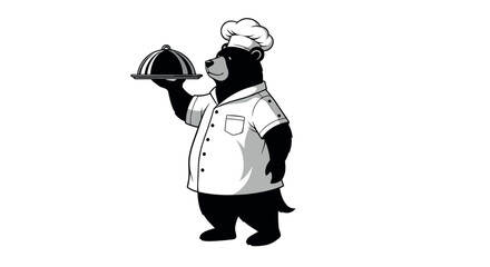 Bear Chef Holding Serving Platter Illustration for Culinary Concepts and Restaurant Branding with Culinary Excellence and Gastronomic Artistry Black and White Graphic Design for Food Presentation
