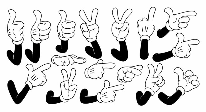Collection of classic cartoon hand gestures offering a variety of poses and expressions for animation design and illustration