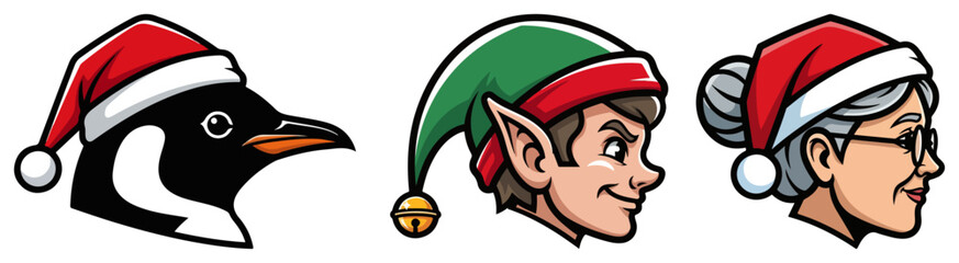Christmas Character Heads with a Penguin Elf and Mrs Claus colorful cartoon vector