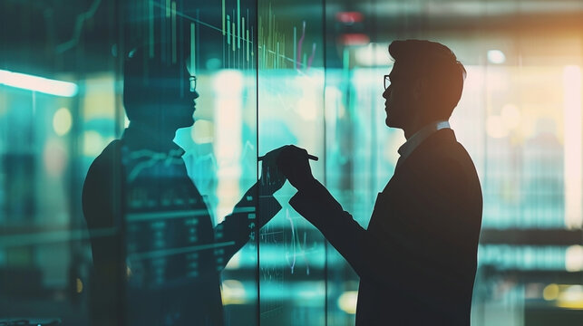 Silhouette of a financial analyst working with data on a transparent screen display