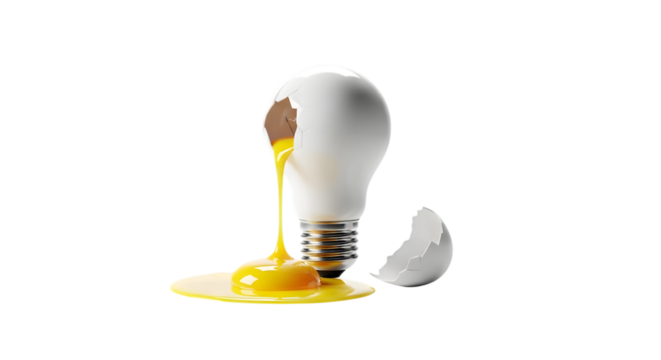 Egg shaped light bulb with cracked shell and yolk spilling out on black