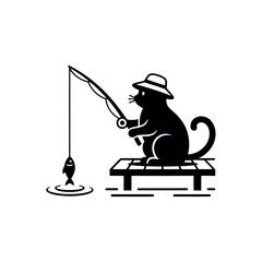 Stylized Black Cat in Hat Fishing off Pier with Whimsical Fish Catch and Ripple Effect Illustration vector art suitable for various creative projects and designs