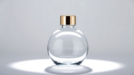 Clear round glass water bottle with a metallic golden screw cap, perfectly isolated on a pristine bright white background, illuminated with soft, professional lighting.