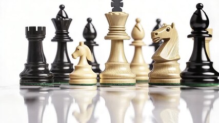 Close-up view of various chess pieces arranged on a table top, perfect for use in advertising or editorial content