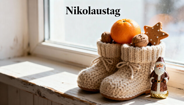 Cozy knitted boots filled with orange, nuts, and gingerbread on a windowsill with text "Nikolaustag" meaning "St. Nicholas Day" in German