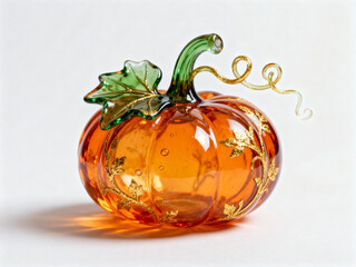 Elegant glass pumpkin ornament with green stem and golden leaf details, perfect for autumn or Halloween decoration