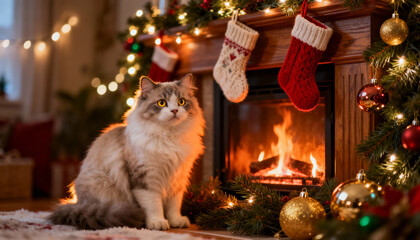Plakat Fluffy cat sitting by a cozy fireplace decorated with Christmas stockings, ornaments, and festive lights
