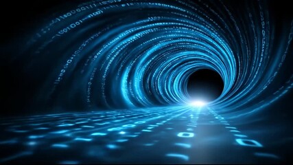 Glowing binary code flows through digital tunnel creating a sense of depth and movement. The tunnel is dark with illuminated blue hues. Concept of data visualization, technology, digital design - Powered by Adobe
