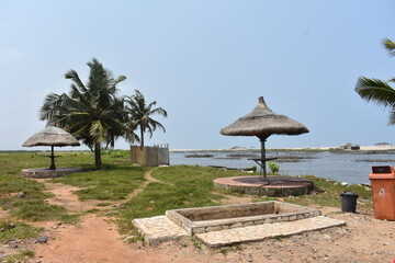 tropical beach with palm trees and straw umbrellas