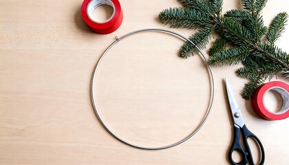 DIY handmade holiday wreath in progress with hoop, fir branches, scissors and red tape on wooden table, symbolizing festive creativity, Christmas crafting, seasonal tradition and joyful holiday spirit