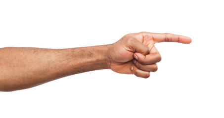 Black male hand point finger. Hand gestures - man pointing on virtual object with forefinger, isolated on white background
