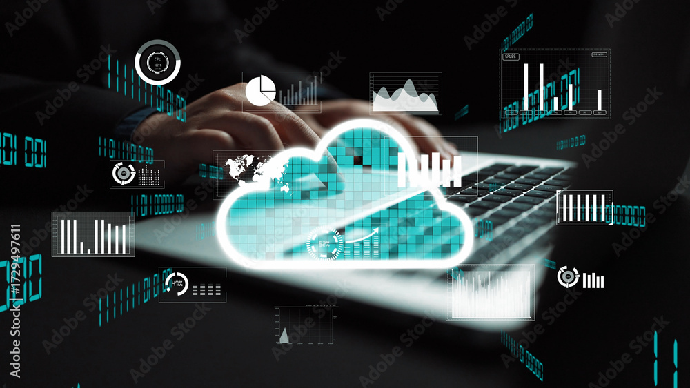 Poster modern cloud computing concept showcasing business analytics and data metrics. a laptop keyboard is 