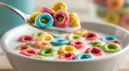 Colorful cereal rings with milk in a white bowl, close-up of a spoonful of fruity breakfast cereal. Healthy morning meal concept with vibrant colors.