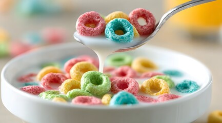Colorful cereal rings with milk in a white bowl, close-up of a spoonful of fruity breakfast cereal. Healthy morning meal concept with vibrant colors.
