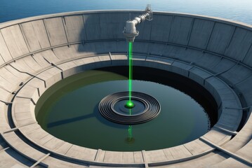 Fototapeta premium circular settling basin, circular settling basin with a visible laser scanning system mounted above, monitoring sludge blanket depth, innovative infrastructure for large-scale water plants.