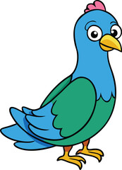 Cartoon blue and green bird with big eyes and yellow beak