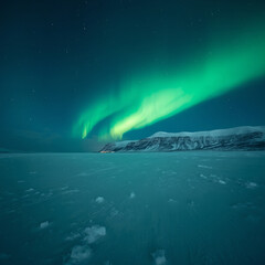 Aurora Borealis over Snow Covered Plain with Mountains