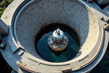 circular settling basin, circular settling basin with a visible laser scanning system mounted above, monitoring sludge blanket depth, advanced environmental technology in action.