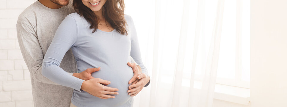 Fototapeta Happy pregnant couple hugging in front of the window at home, panorama with free space