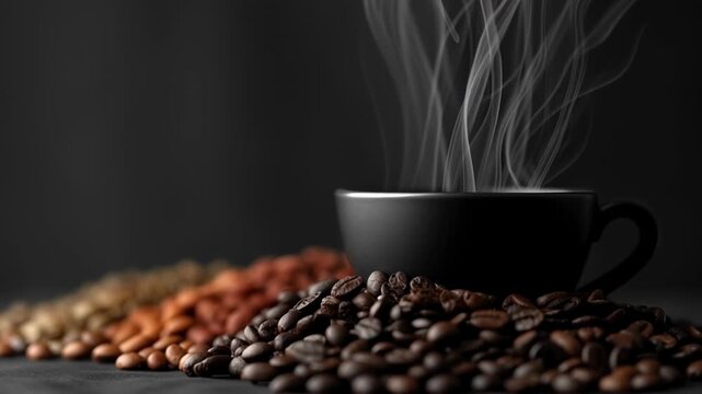 A rich cup of coffee sits surrounded by scattered coffee beans, releasing warm steam