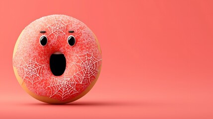 Cartoon doughnut monster with spider web icing and a big smiling mouth, showcasing vibrant colors and playful expression, perfect for fun and whimsical designs