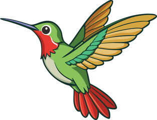 Obraz premium Cartoon hummingbird with vibrant green and red plumage in flight