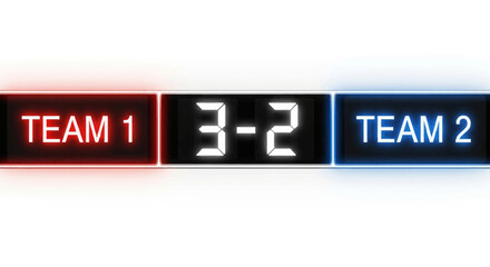 Digital scoreboard displays team scores with red and blue lighting for each side showing three to two score in a competition