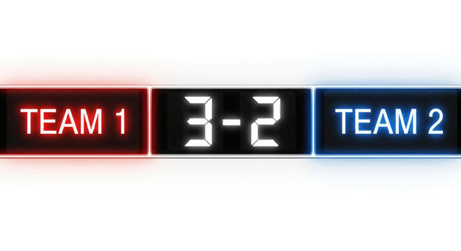 Digital scoreboard displays team scores with red and blue lighting for each side showing three to two score in a competition