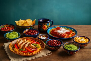Bold Latin American meal styled on handcrafted ceramics with ample right-side space for advertising text.