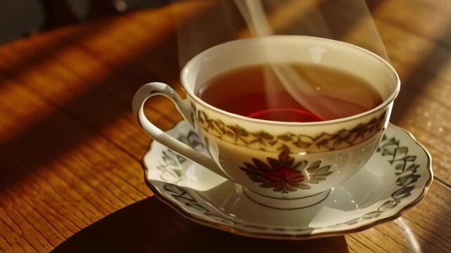 A beautiful porcelain teacup with delicate patterns sits on a wooden table, with soft steam rising from the hot tea inside