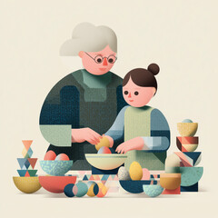 Grandmother and child dyeing Easter eggs together at home  