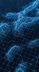 Stunning digital topographic map visualization with glowing blue contour lines and grid overlay, perfect for data science and innovation concepts.