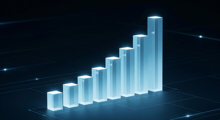 Futuristic 3D bar chart with glowing blue columns symbolizing growth and success. A business and finance concept for data analysis, stock market trends, and financial reports. Digital infographiс