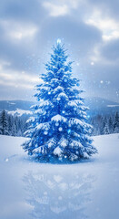 Naklejka premium Enchanting blue Christmas tree glows with festive ornaments and magical snowfall in a serene winter wonderland landscape